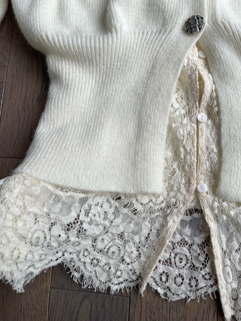 Cream Lace-Trim V-Neck Women's Cardigan Sweater - Picture 9 of 10